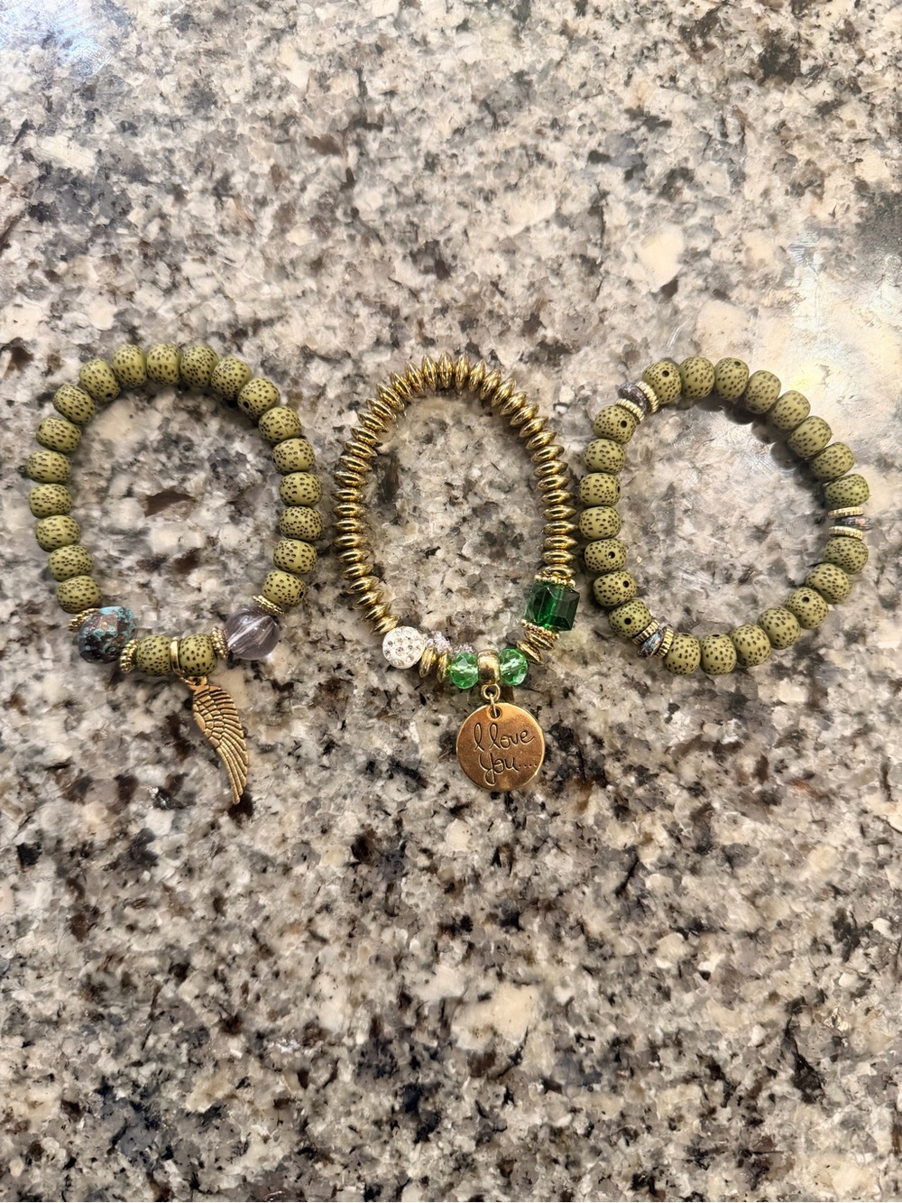 Set of 3 Bodhi Seed Beaded Stretch Bracelets - Angel Wing & "I Love You" Charms